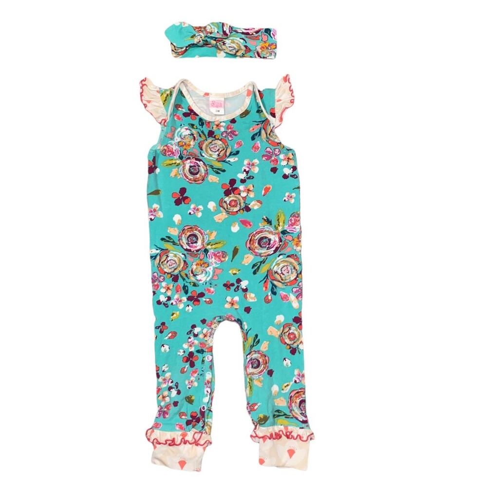 24m Ricrac & Ruffles Sleeveless One Piece Simply Soft Romper Headband Set